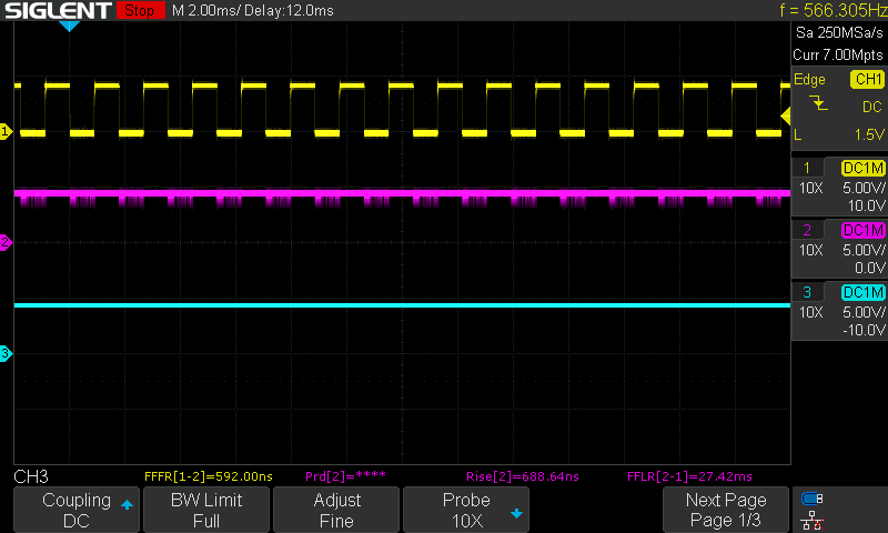 UniDisk behind my board at 4.3 V. Yellow /WRREQ: a command packet every 1.77 ms. Magenta ACK: never goes low, the dips are crosstalk from WR. Cyan PH3_OUT: high the whole time. 2 ms/div.