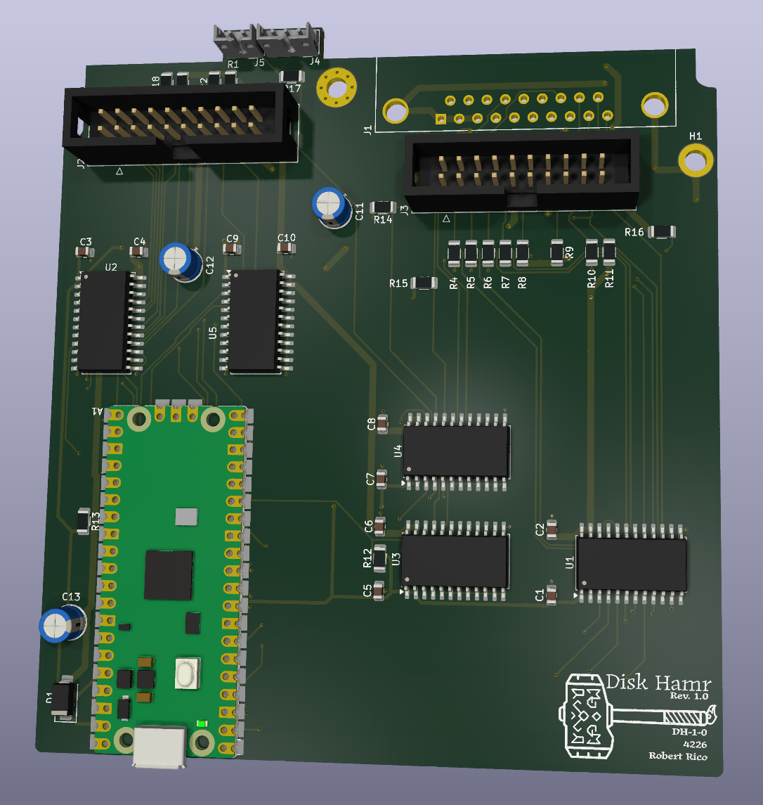 Disk Hamr rev 1.0, second layout, top. Mechanism header and its two shifters top left, host and rear DB-19 top right, the Pico 2 down the left edge, the three host-side shifters stacked bottom right.