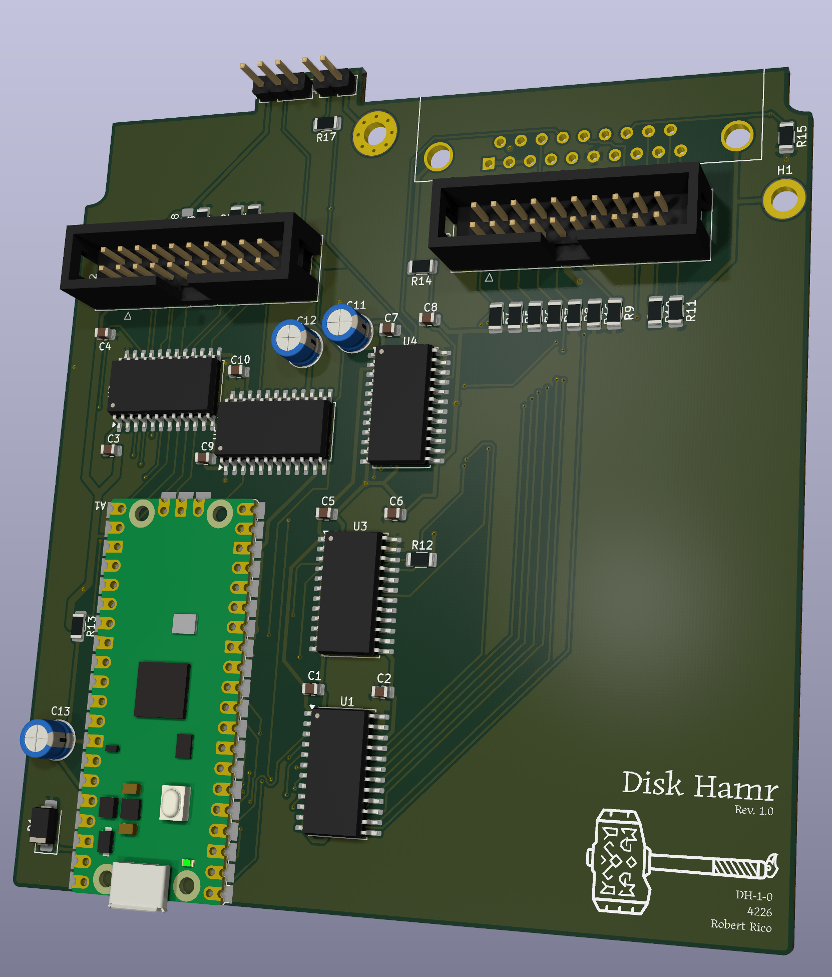 Disk Hamr rev 1.0 in KiCad's 3D viewer. Mechanism header top left, host header and the rear DB-19 footprint top right, the Pico 2 bottom left, the five level shifters between them.