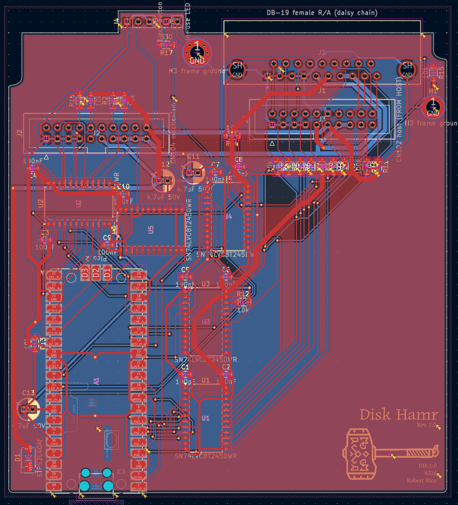 The layout in pcbnew, both copper layers on. Red is the top with the +5 pour, blue the bottom ground plane. The host bus sweeps from J3 at the top right down to U1 in 45-degree bundles.