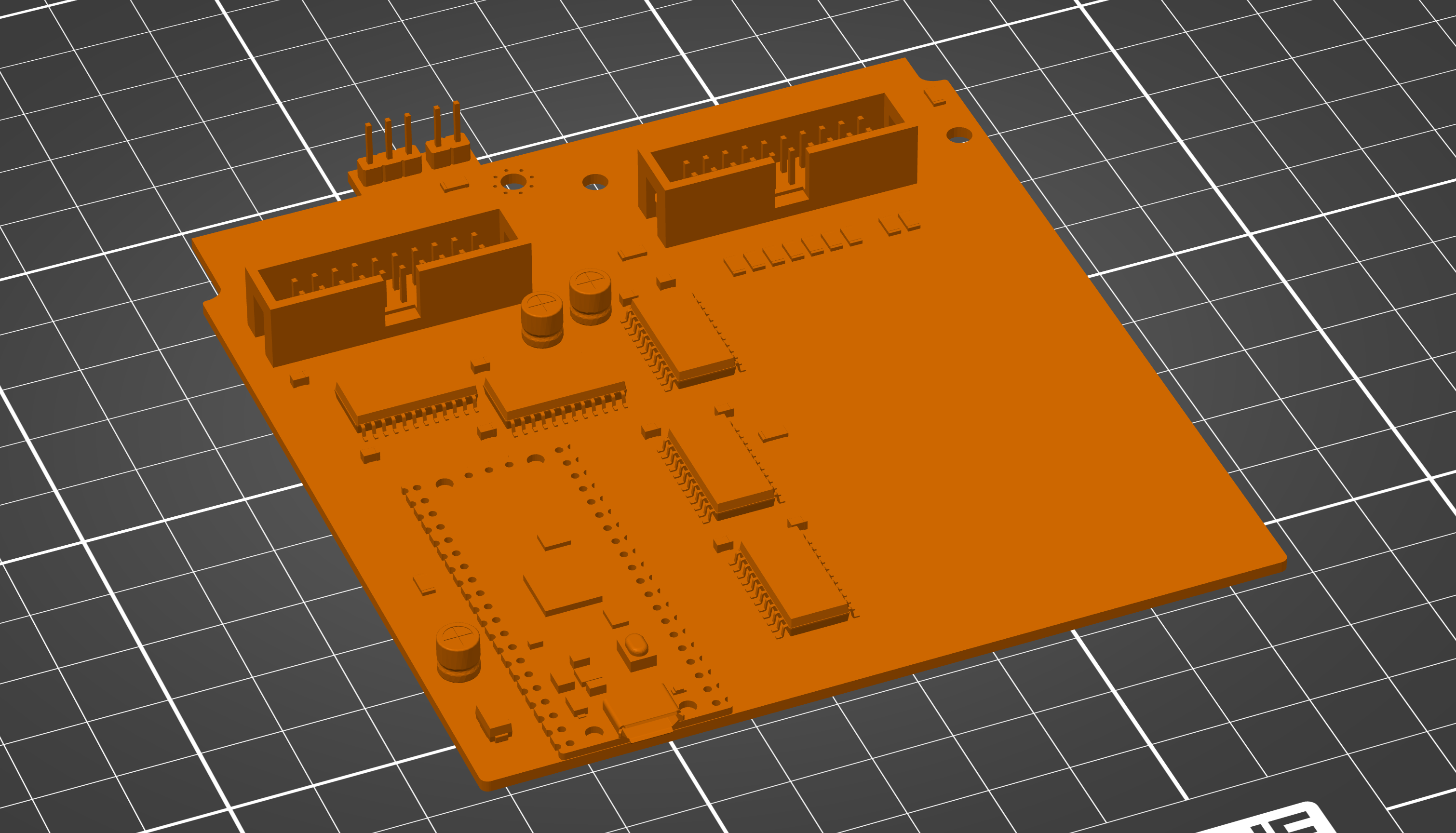The STL of the populated board in PrusaSlicer, headed for a print to check clearances inside the UniDisk case. The DB-19 is missing from the model; the real connector was fit-tested in M7.2.
